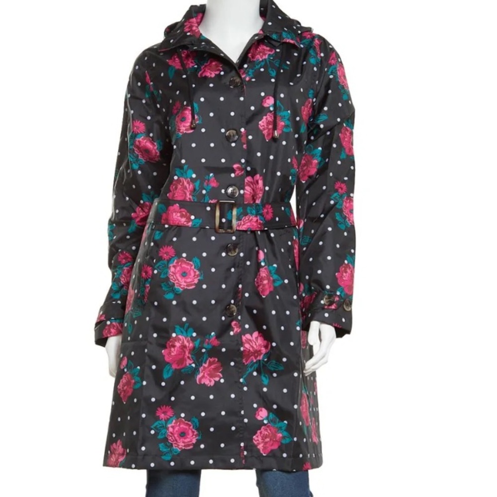 Capelli New York Hooded Belted floral dots Rain Trench Coat jacket size Medium